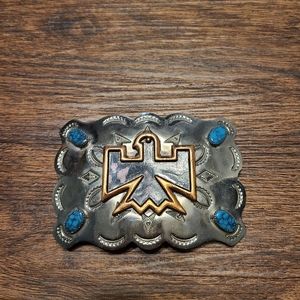 Vintage Bell Nickel Silver Faux Turquoise Native Thunderbird Belt Buckle
